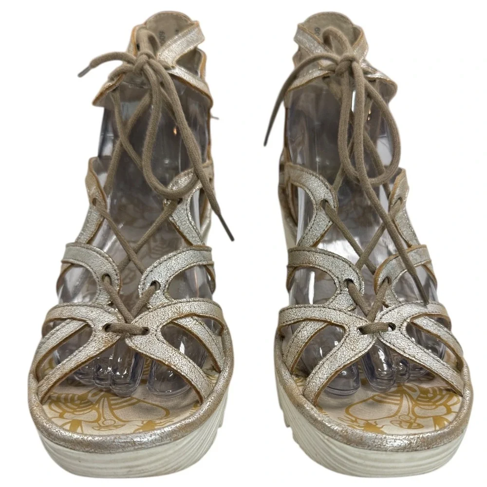 FLY LONDON Silver Metallic‎ Lace Up Wedge Gladiator Sandals Size 39